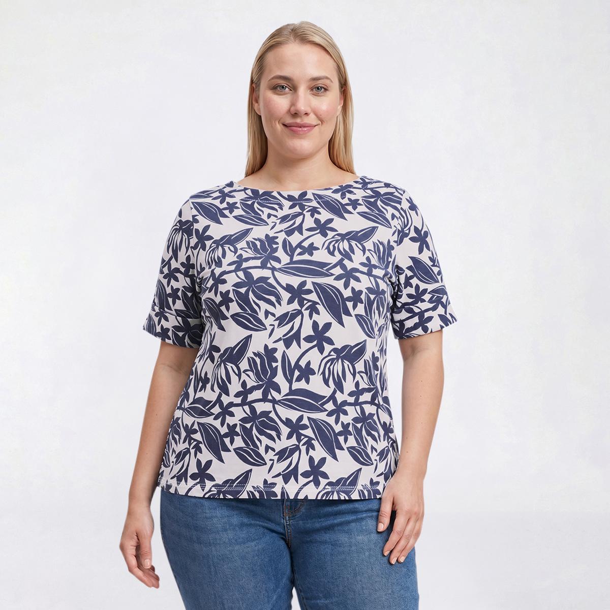Plus Size Hasting & Smith Cuffed Elbow Sleeve Leaf Tropical Tee