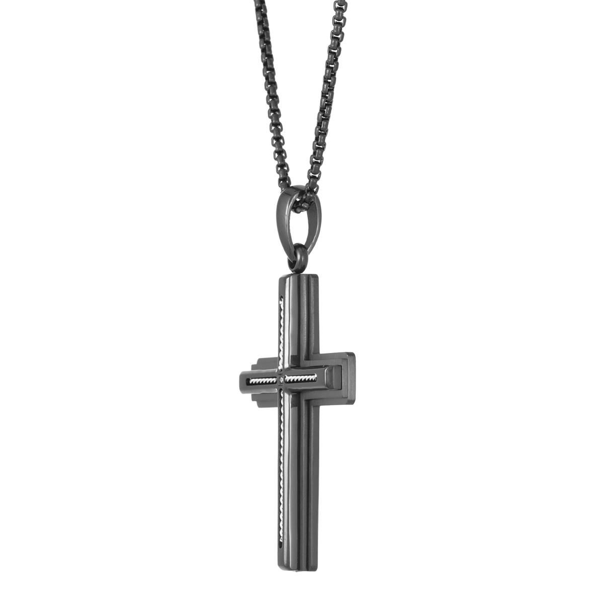 Mens Lynx Cubic Zirconia & Black Ion Plating Chain Cross Pendant