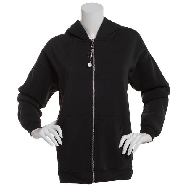 Juniors No Comment Boyfriend Fit Zip Up Hoodie with Dice Charm