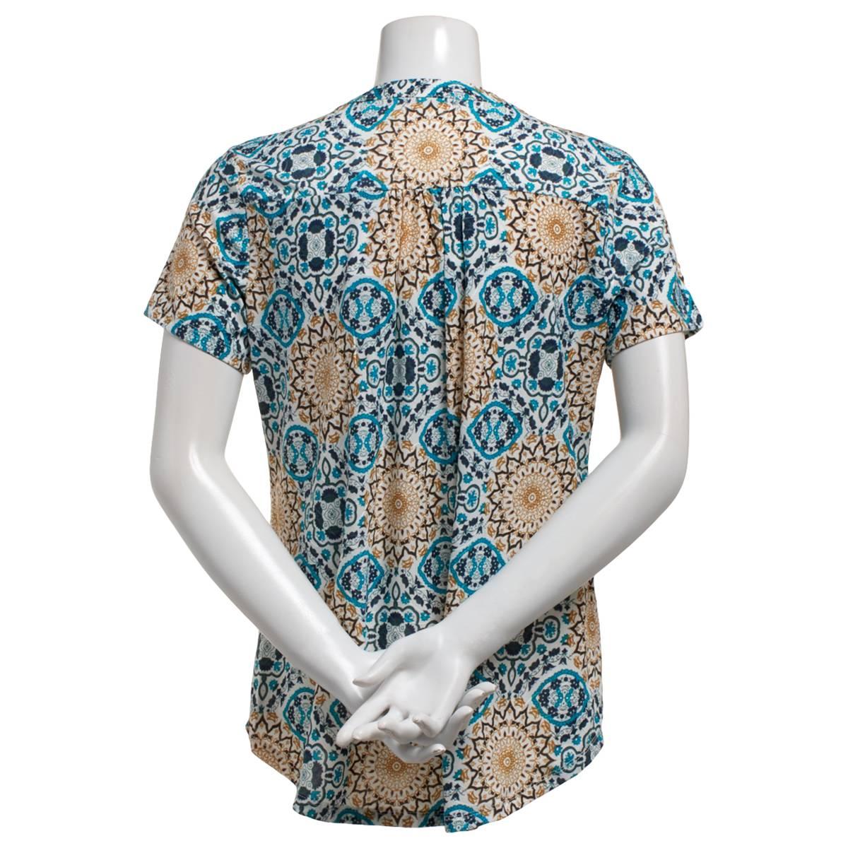 Womens Notations Short Sleeve Textured Medallion Pleated Blouse