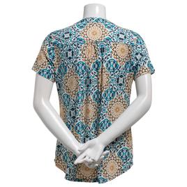 Womens Notations Short Sleeve Textured Medallion Pleated Blouse