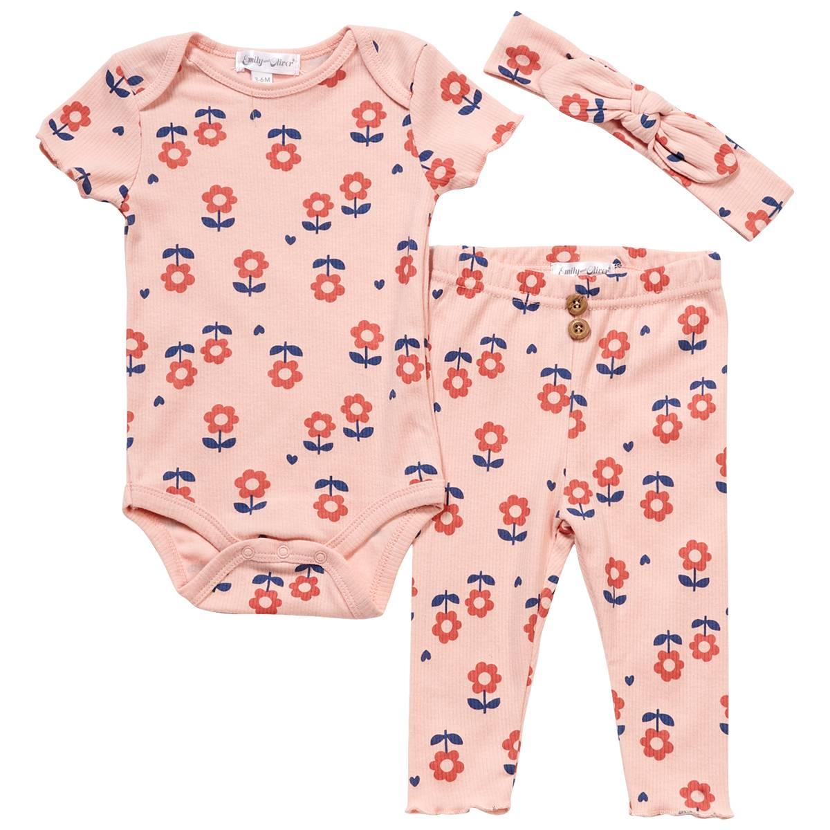 Baby Girl (NB-9M) Emily & Oliver(R) 3pc. Floral Heart Bodysuit Set