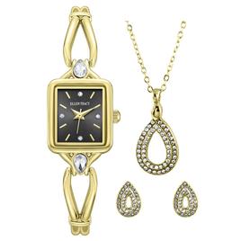 Womens Ellen Tracy Black Watch/Necklace/Earring Set - ETJ8210GD