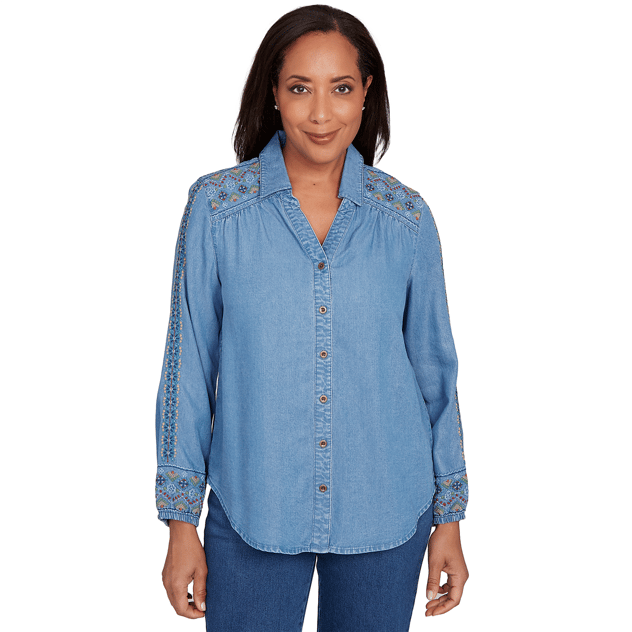 Petite Alfred Dunner Sunset Canyon Embroidery Denim Blouse