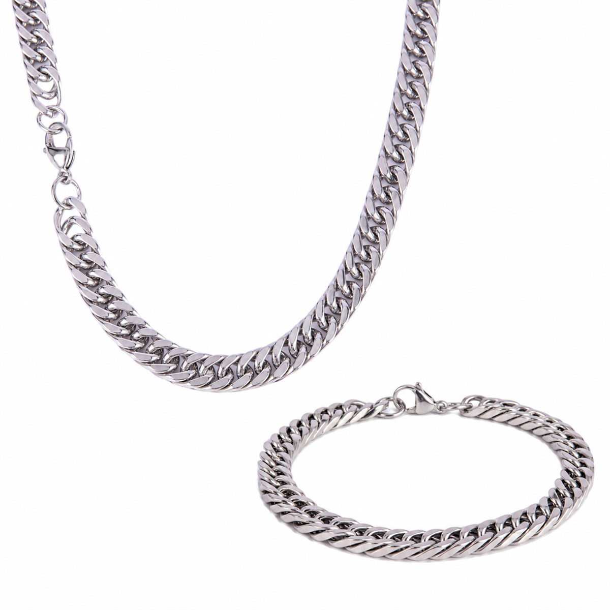 Mens Iron Saints 8mm Cuban Link Silver-Tone Necklace Bracelet Set