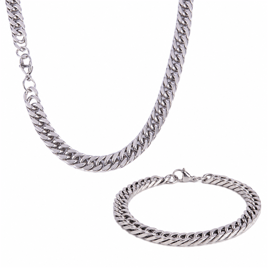 Mens Iron Saints 8mm Cuban Link Silver-Tone Necklace Bracelet Set