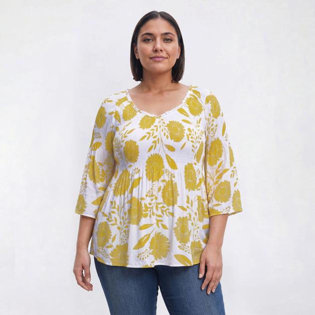 Plus Size Floral & Ivy 3/4 Sleeve V-Neck Sunflower Pleater Blouse