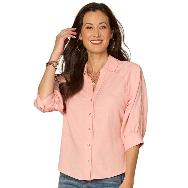 Plus Size Democracy Elbow Sleeve Snap Front Woven Blouse