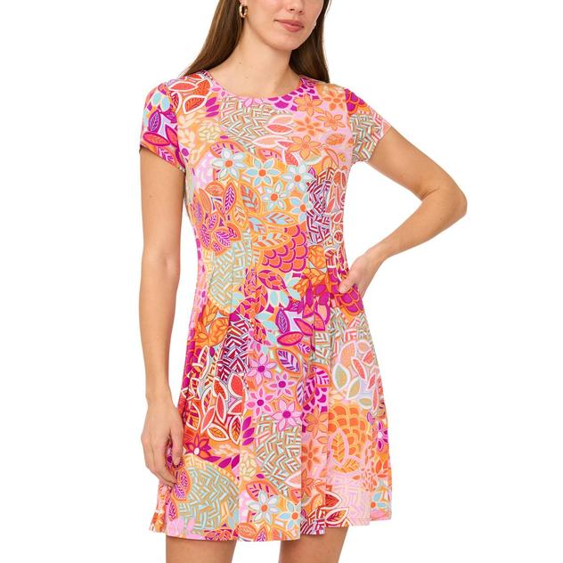 Womens MSK Short Sleeve Floral Pleated Bottom A-Line Dress