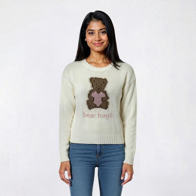 Juniors No Comment Bear Hugs Intarsia Crew Neck Sweater