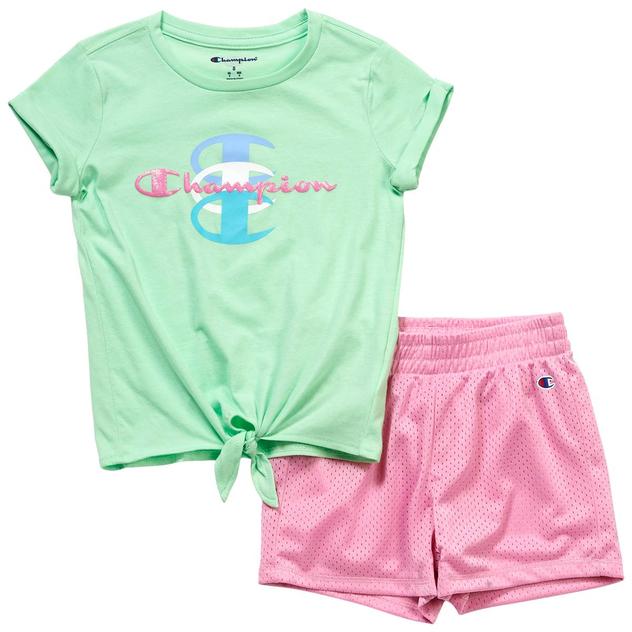 Girls (4-6x) Champion® Puffy Logo Tie Front Tee & Mesh Shorts Set