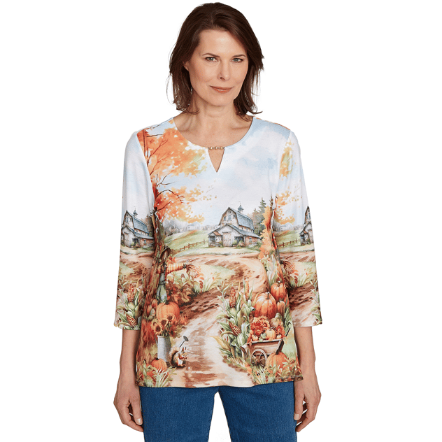 Womens Alfred Dunner Classics Farm Landscape Harvest Blouse