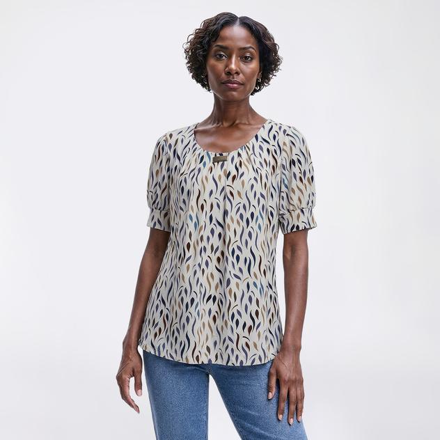 Womens Notations Short Puff Sleeve Abstract Leaf Bar Neck Blouse