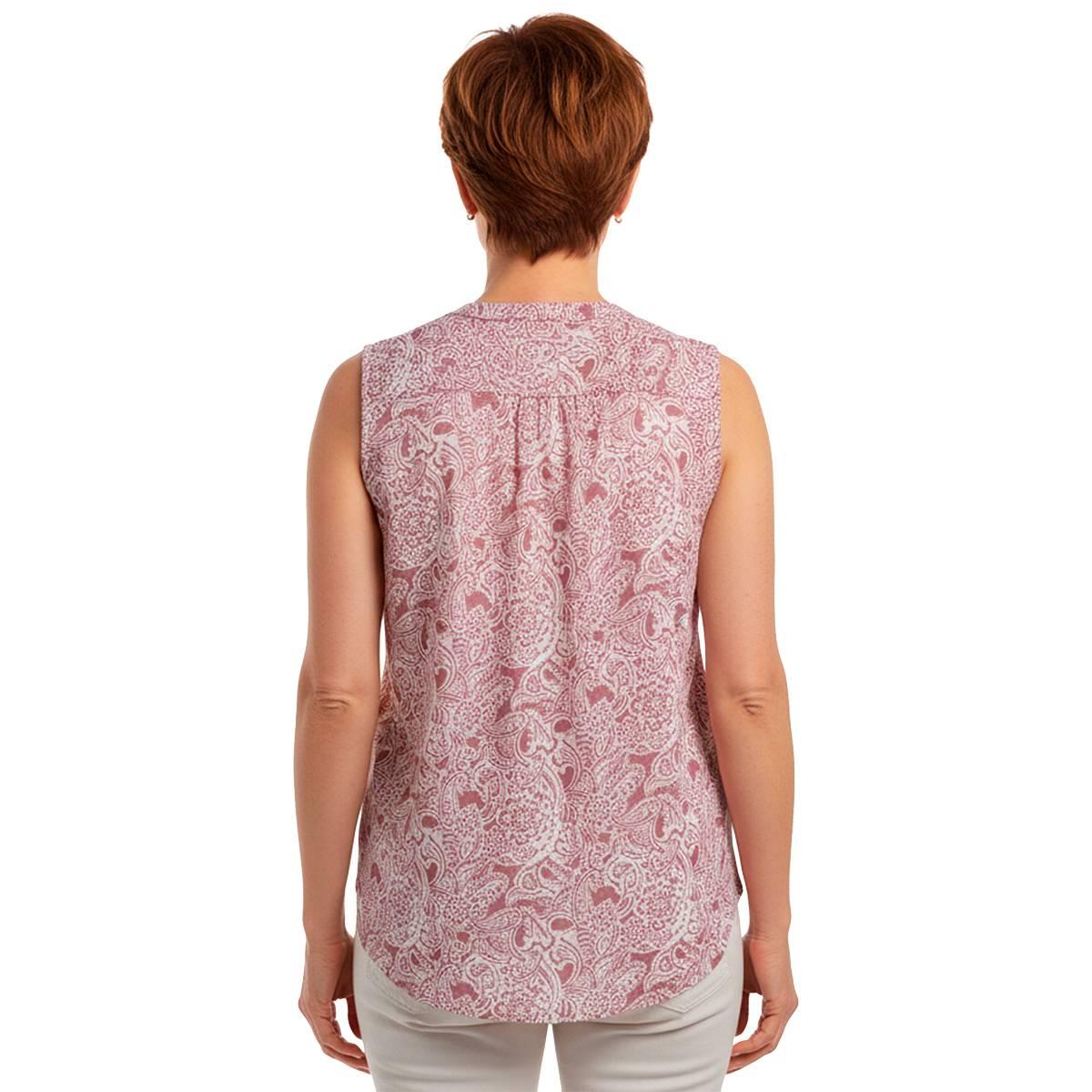 Womens Notations Sleeveless Paisley Knit Split Neck Blouse