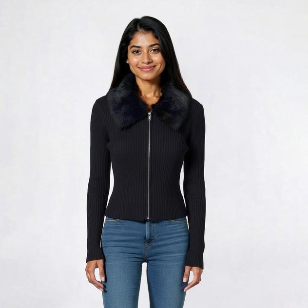 Juniors Madden Girl Faux Fur Collar Ribbed Zip Up Sweater