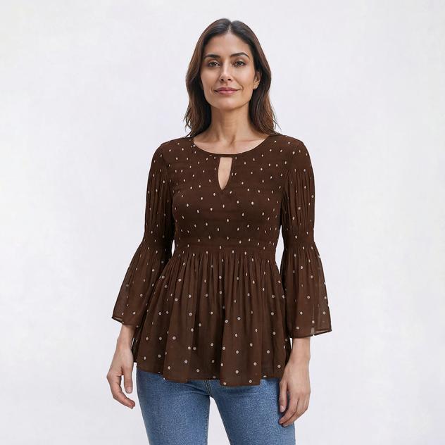 Petite Floral & Ivy 3/4 Sleeve Keyhole Neck Dot Pleater Blouse
