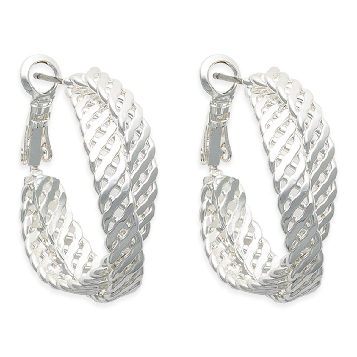 Freedom Silver-Tone Double Criss-Cross Clutchless Hoop Earrings