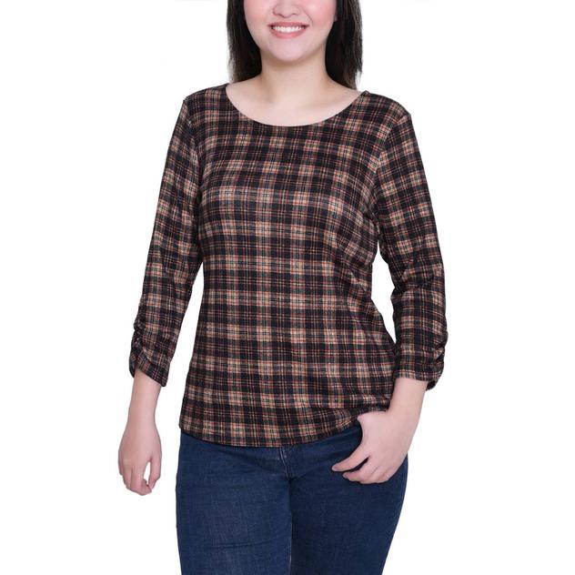 Womens NY Collection 3/4 Ruch Sleeve Plaid Round Neck Blouse