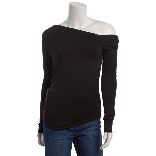 Juniors Pink Rose Long Sleeve Asymmetrical Off Shoulder Tee