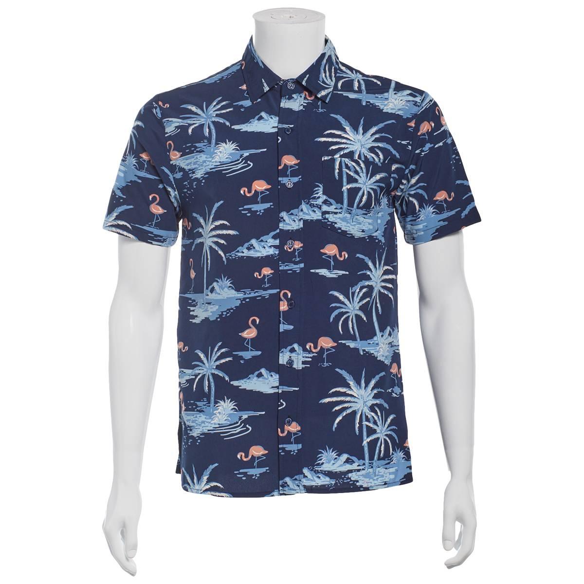 Young Mens VSTR Palm Flamingo Short Sleeve Button Down Shirt
