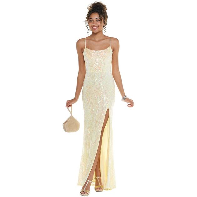 Juniors Crystal Doll Sequin Empire Waist Dress with High Slit