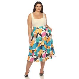 Plus Size White Mark Leaf Print Flared Midi Skirt