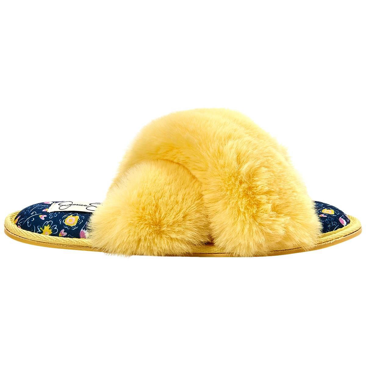 Womens Jessica Simpson High Plush Floral Slide Slippers - Yellow
