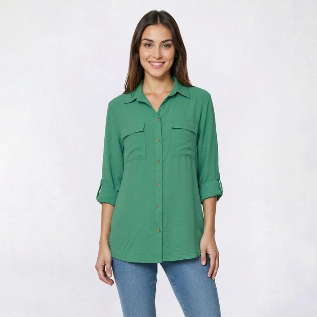 Womens Notations 3/4 Button Front 2-Pocket Airflow Blouse