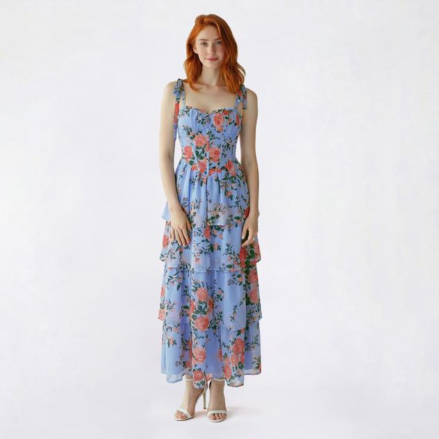 Juniors Crystal Doll Floral Tie Strap Corset A-Line Dress