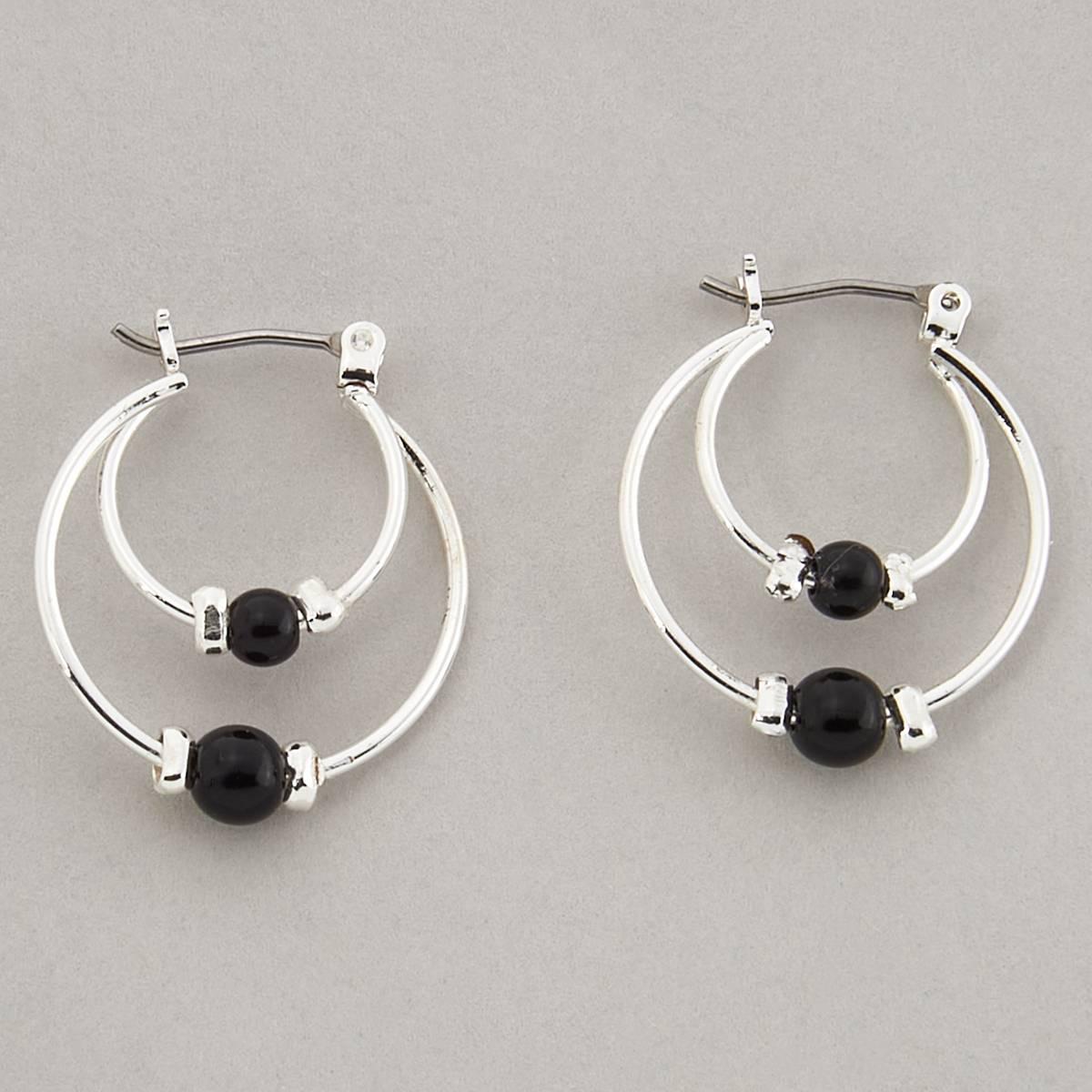 Design Collection Silver Plated Jet Double Hoop Earrings