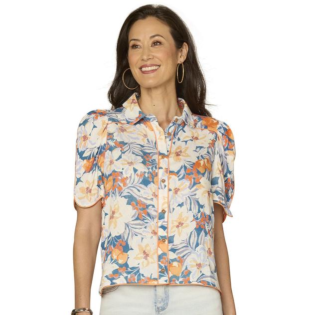 Womens Democracy Elbow Sleeve Floral Button Down Blouse