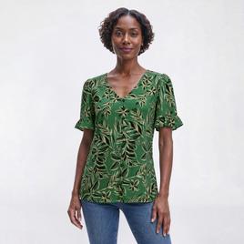 Petite AK Anne Klein Short Ruffle Sleeve V Neck Floral Blouse