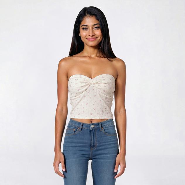 Juniors Pink Rose Floral Crinkle Knit Twist Tube Top
