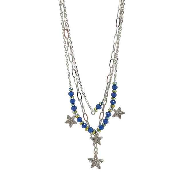 Ashley 3-Row Silver-Tone Layered Blue Beads & Stars Necklace