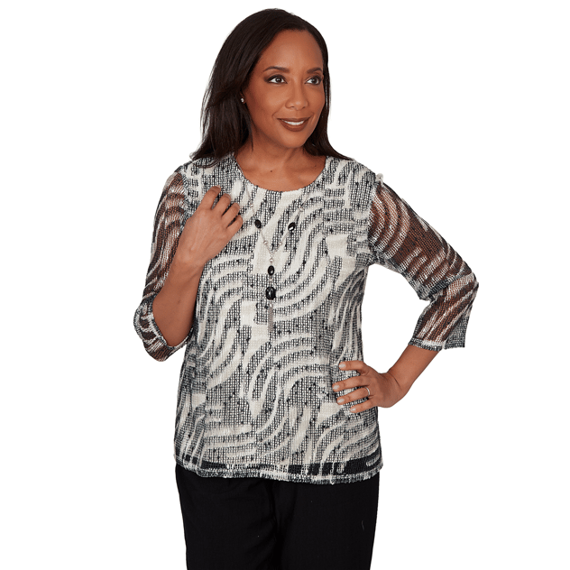 Petite Alfred Dunner Detail Driven 3/4 Sleeve Abstract Blouse
