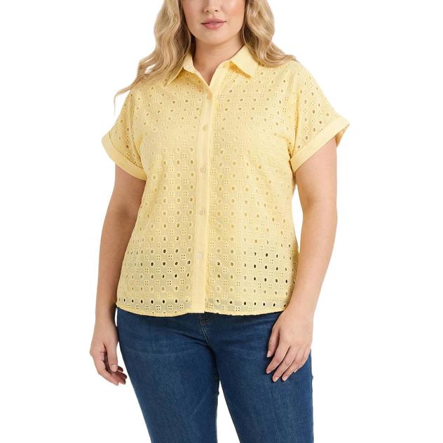 Plus Size NY Collection Short Sleeve Eyelet Button Front Blouse