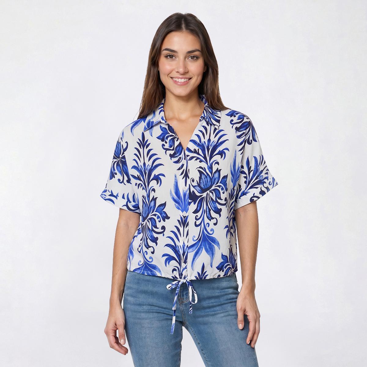 Womens Adrianna Papell Short Sleeve Watercolor Damask Blouse
