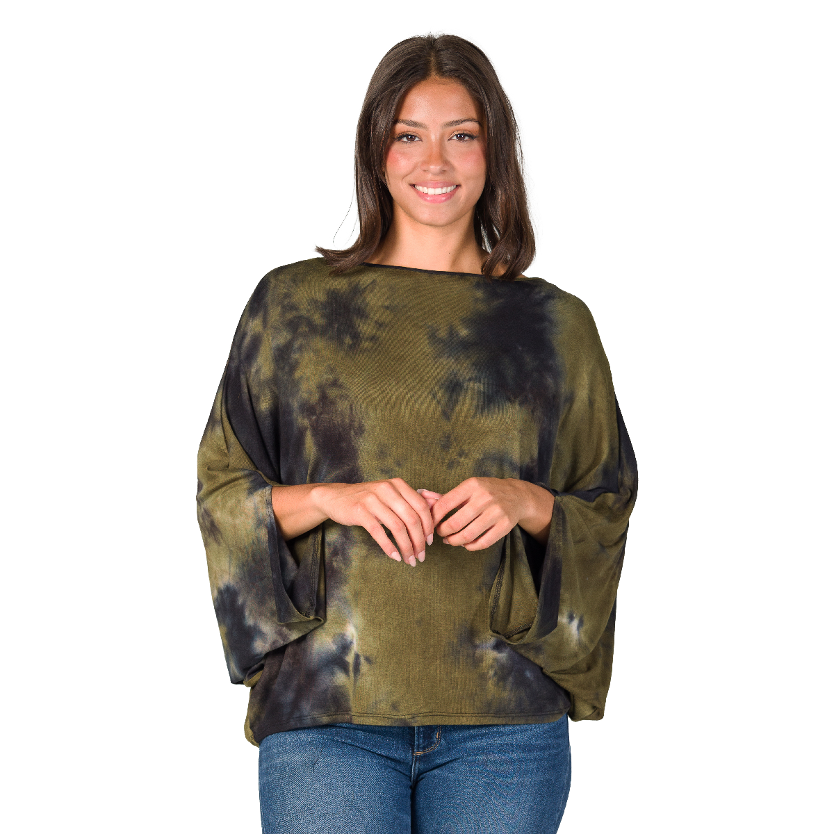 Womens 24/7 Comfort Apparel Green Tie-Dye Batwing Sleeve Blouse