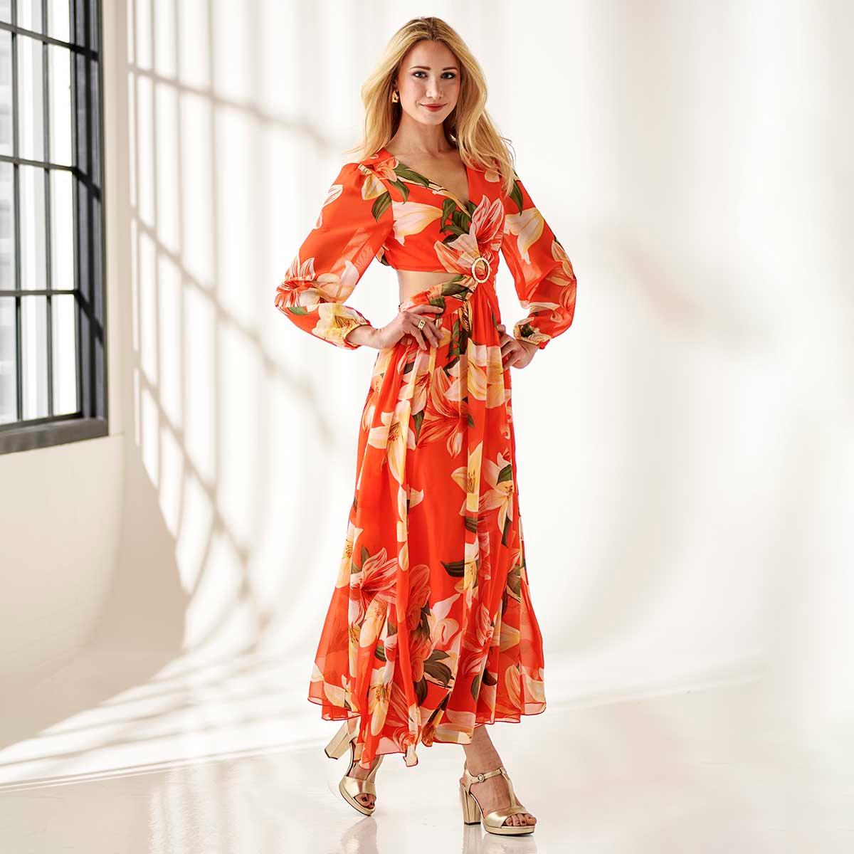 Womens Vivid Aura Long Sleeve Floral Cutout Side Maxi Dress