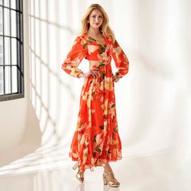 Womens Vivid Aura Long Sleeve Floral Cutout Side Maxi Dress