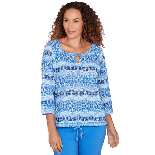 Womens Hearts of Palm Embraceable Blue Geometric Blouse