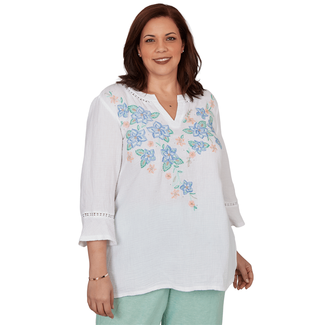 Plus Size Alfred Dunner Caribbean Blues 3/4 Flounce Sleeve Blouse