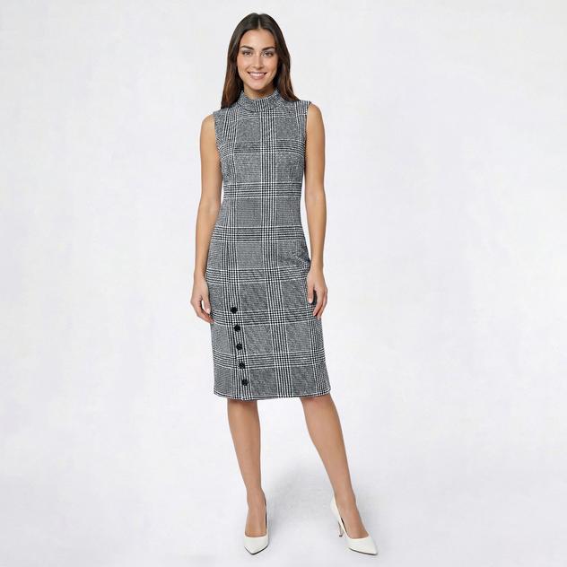 Womens Sharagano Sleeveless Mock Neck Plaid Sheath Dress