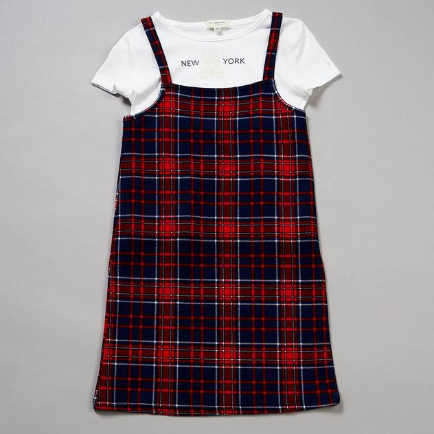 Girls (7-16) No Comment 2pc. Embellished NY Tee & Plaid Jumper