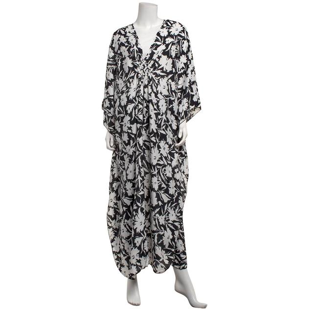 Womens Renshun Floral Black And White Caftan Kimono
