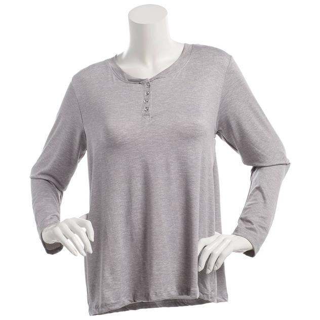 Womens René Rofé® Long Sleeve Rhinestone Button Henley Pajama Tee