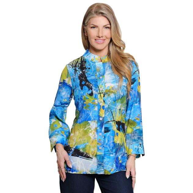 Womens Ali Miles 3/4 Sleeve Abstract Button Front Blouse