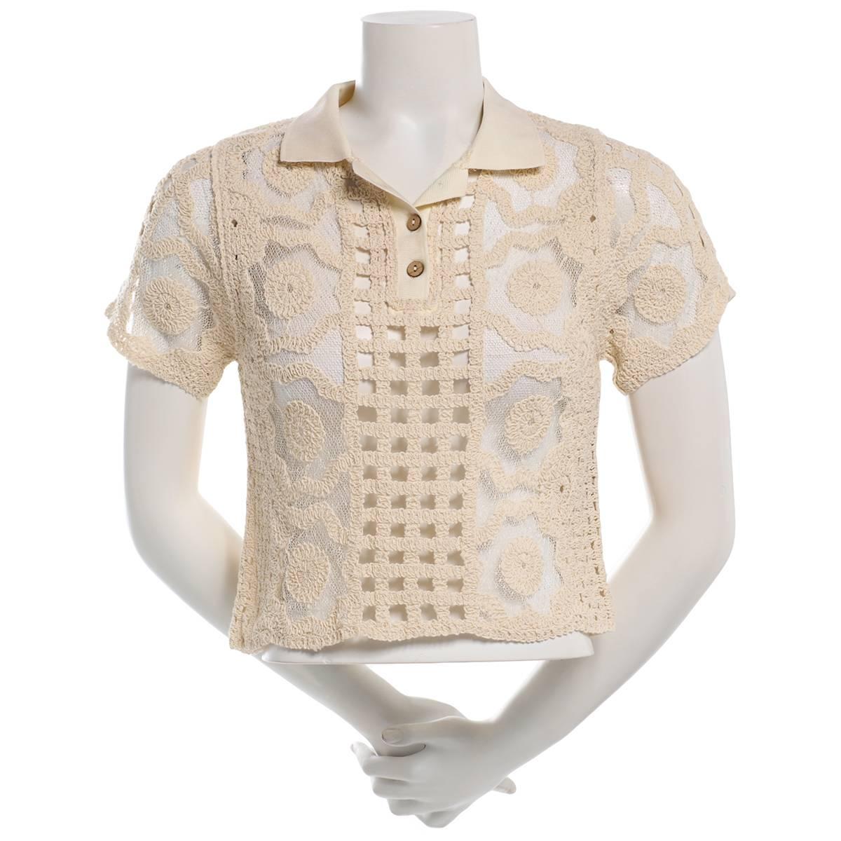 Juniors A. Byer Short Sleeve Open Crochet Henley Top w/ Collar