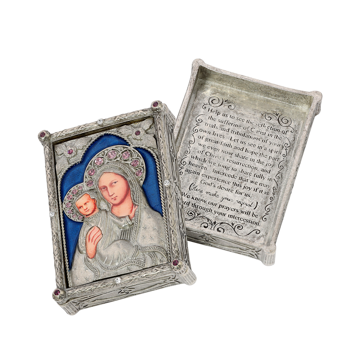 Symbols of Faith Pewter Blue Mary & Child Rosary Box
