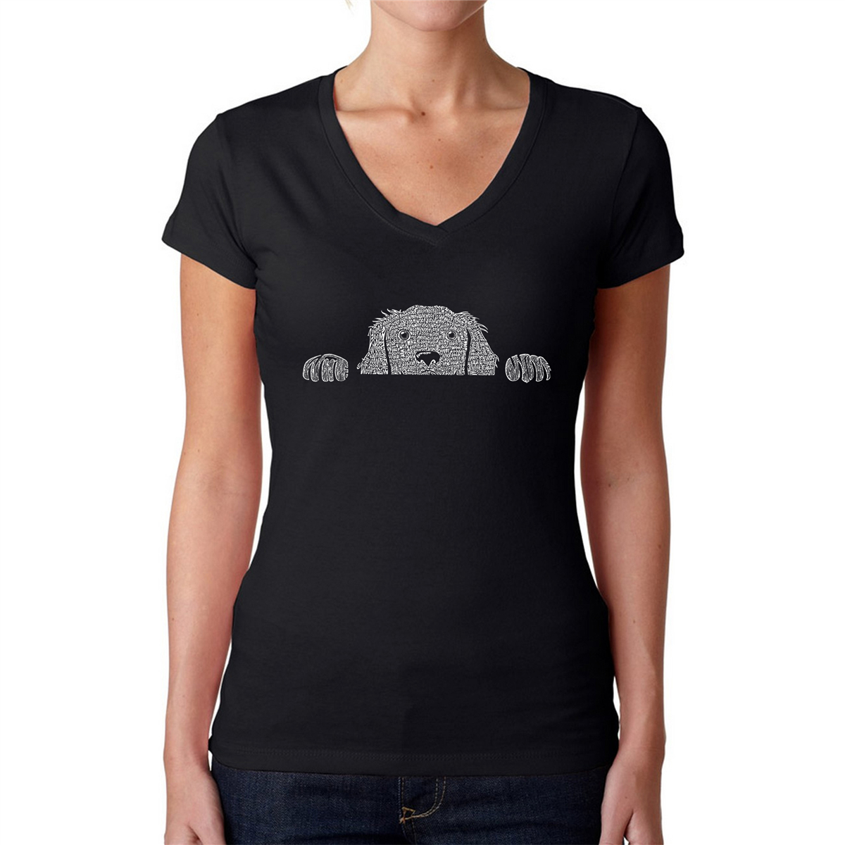 Womens LA Pop Art Peeking Dog - Word Art V-Neck T-Shirt